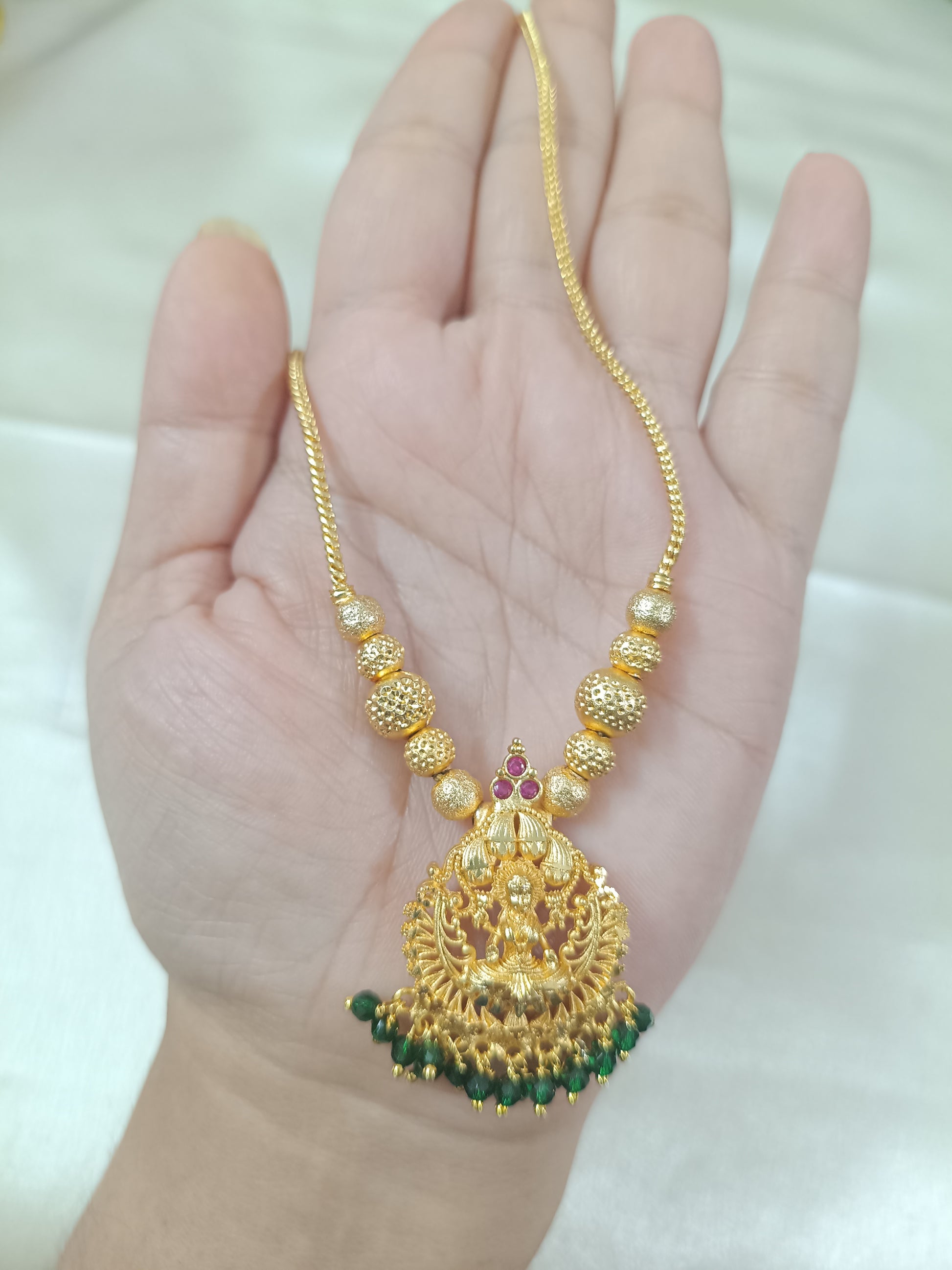 Micro Polish Lakshmi Pendant Mid Long Necklace Set