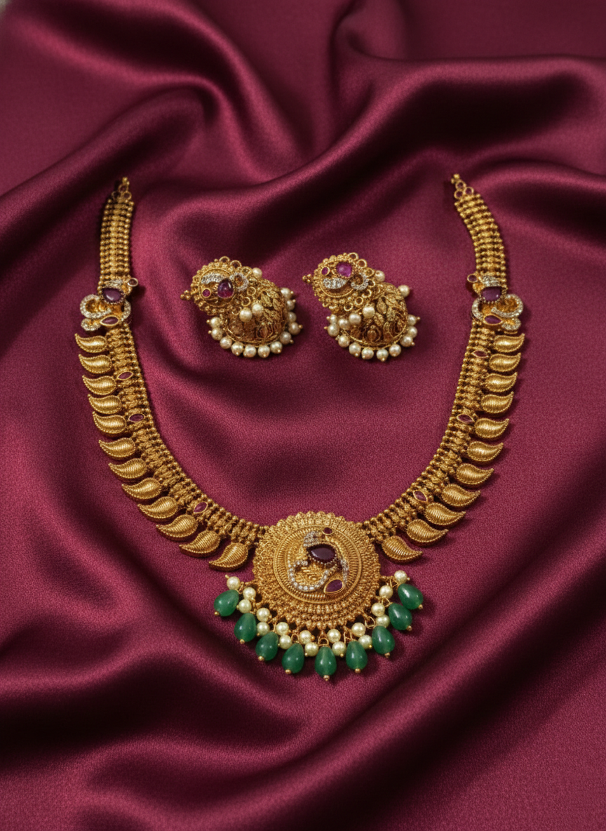 Premium Quality Matte Finish Peacock Mango Necklace Set