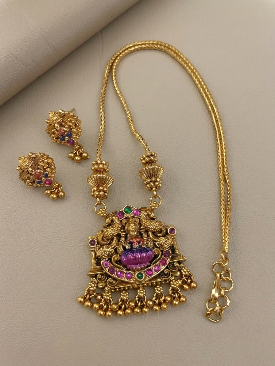 Enamel Lakshmi Pendant Mid Long Necklace Set V17