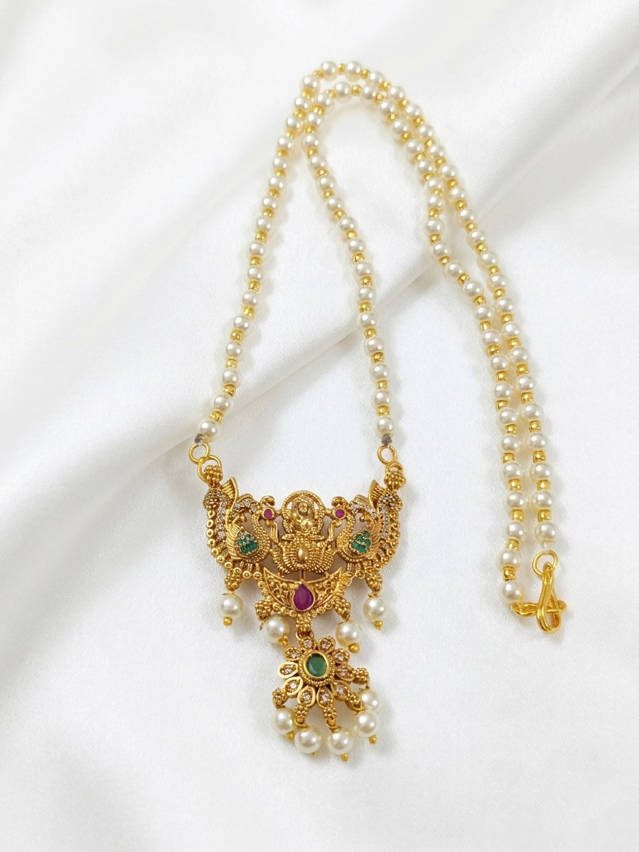 Lakshmi Pendant Pearl Mid Long Necklace Set V5
