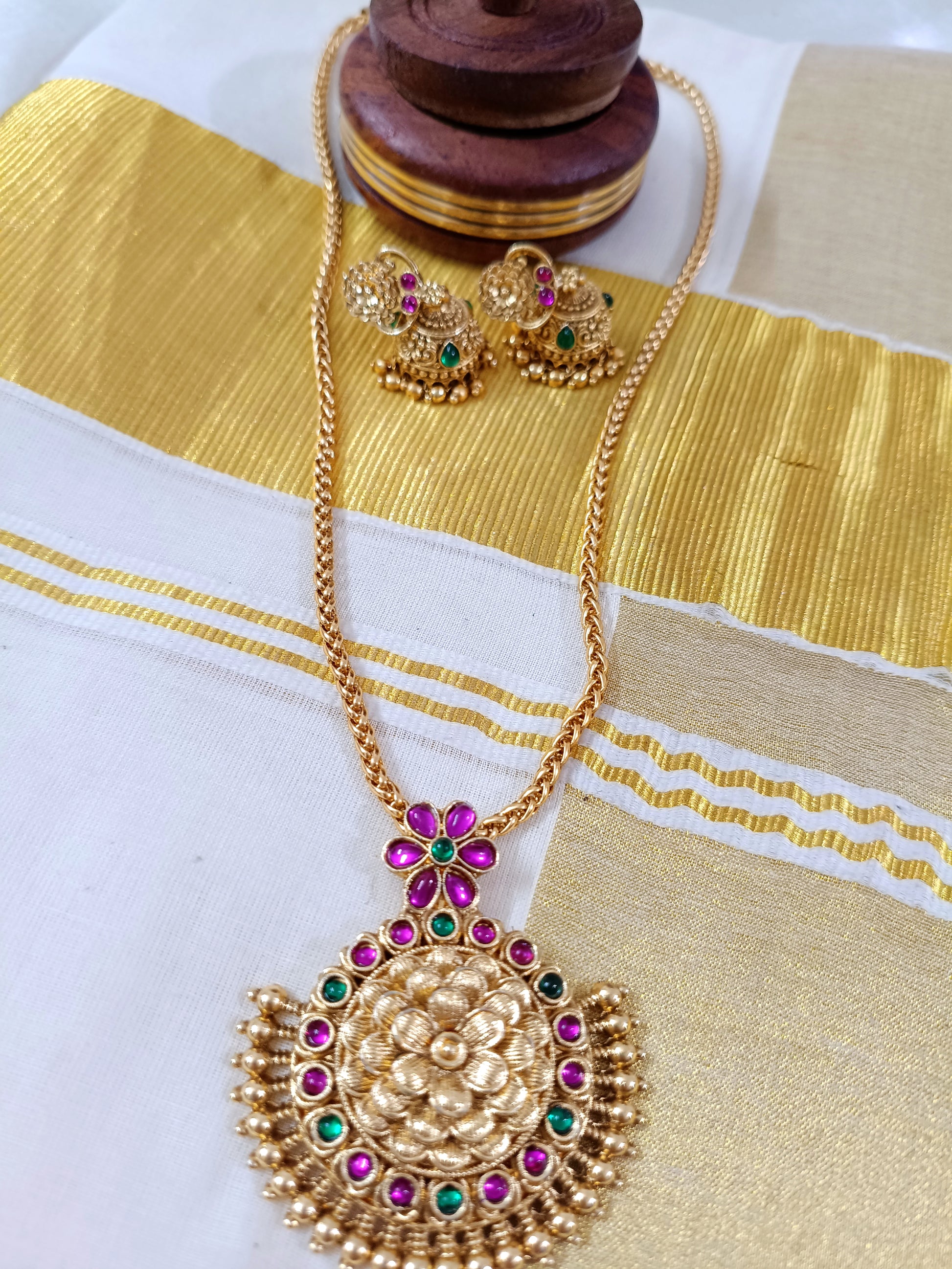 Floral Pendant Mid Long Necklace Set