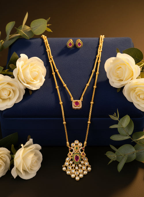 2 Layer AD Stone Pendant Long Necklace Set