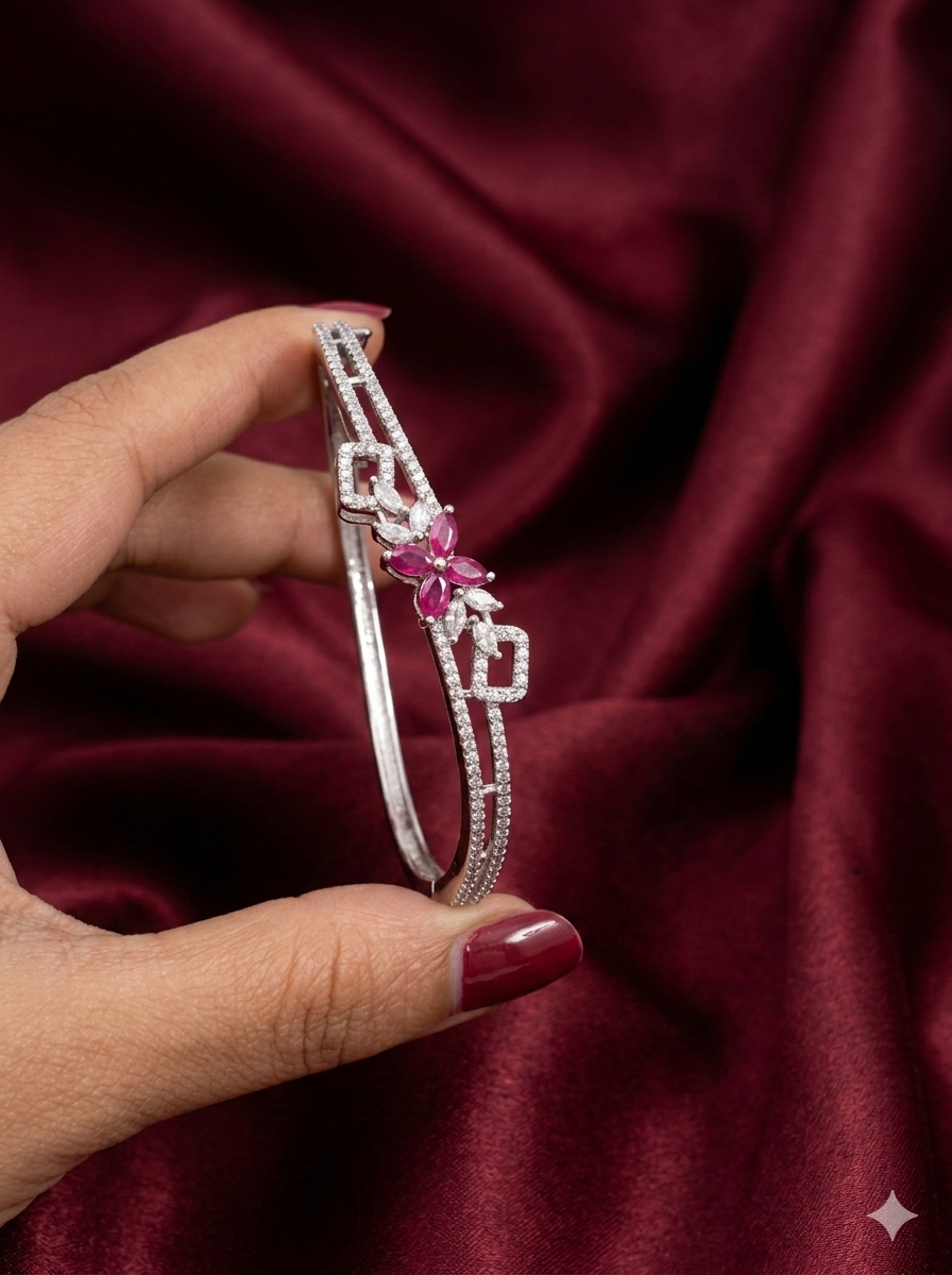 Rhodium Polish AD Flower Open Bangle