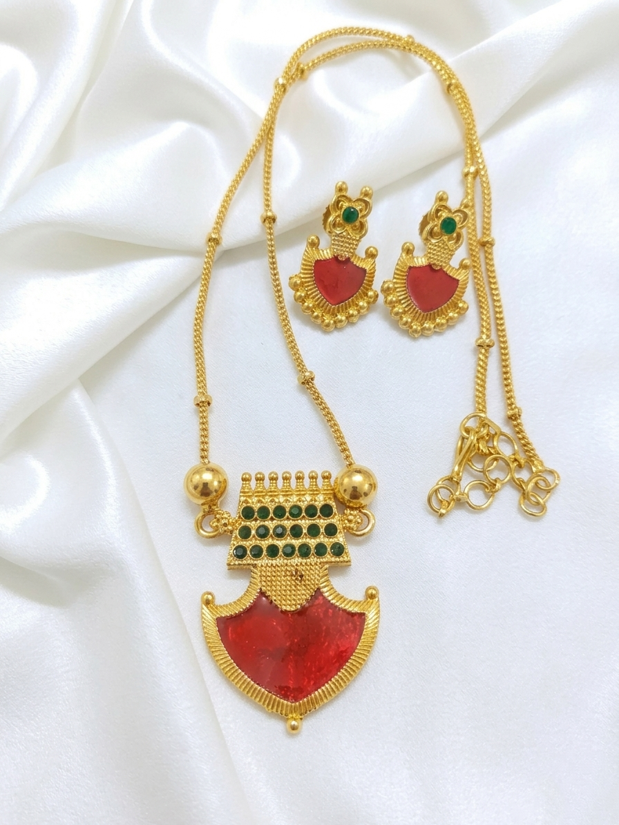 Palakka Pendant Mid Long Necklace Set