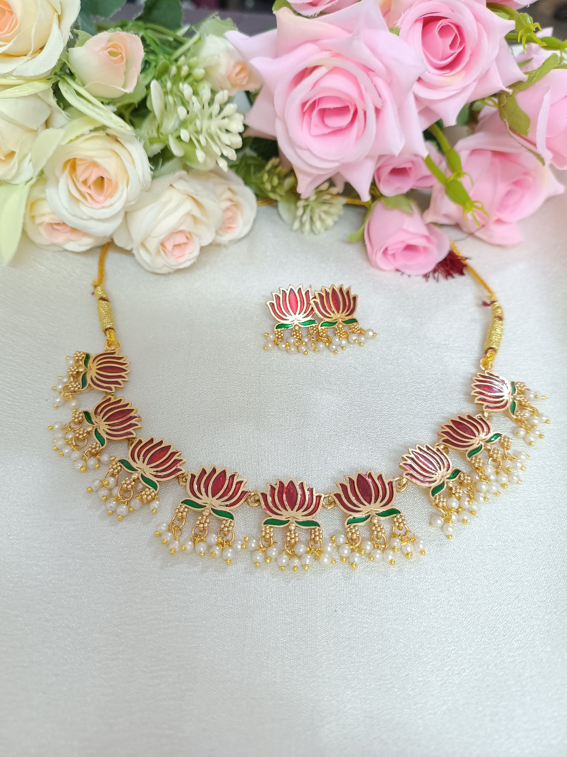 Meroon with Green Lotus with Pearl Drop Necklace Set