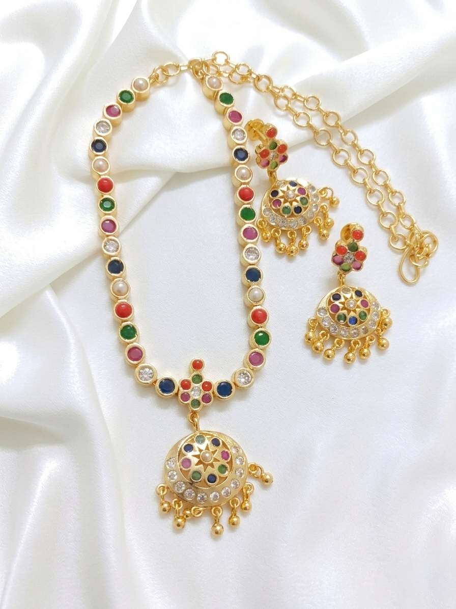 Micro Polish Navaratna Attigai Necklace Set