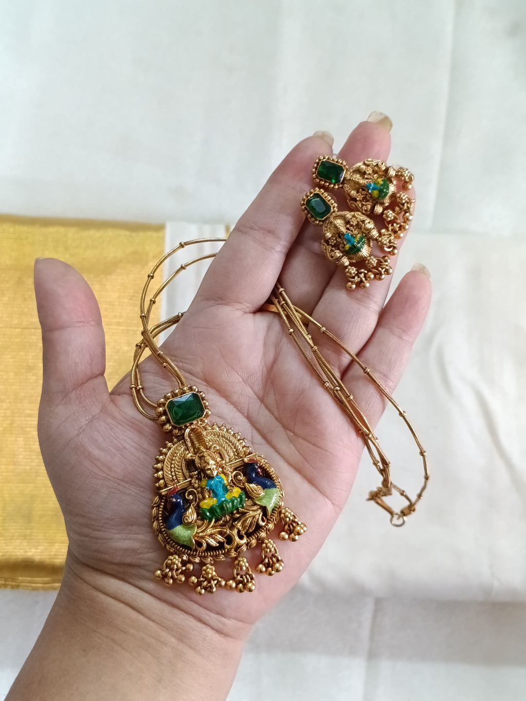 Enamel Lakshmi Pendant 2 Layer Mid Long Necklace Set