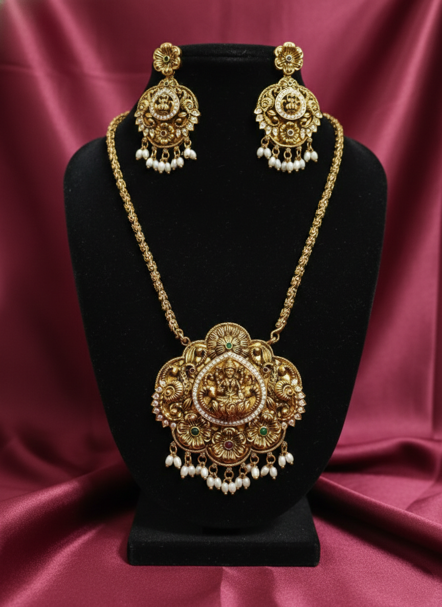 Lakshmi Pendant Mid Long Necklace Set V1