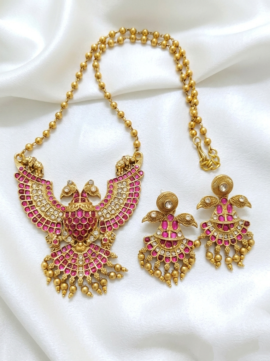 Matte Finish Garuda Pendant Mid Long Necklace Set