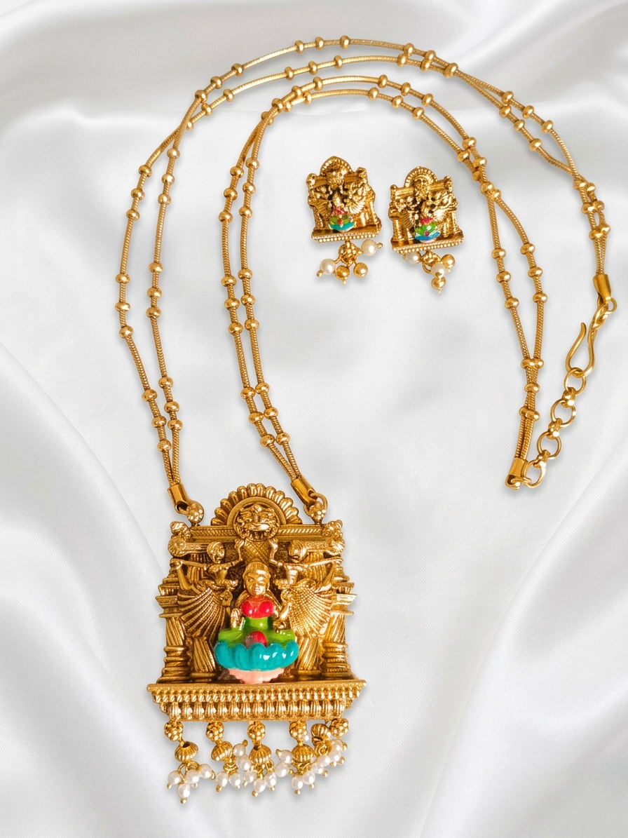 Enamel Lakshmi Pendant Mid Long Necklace Set V6