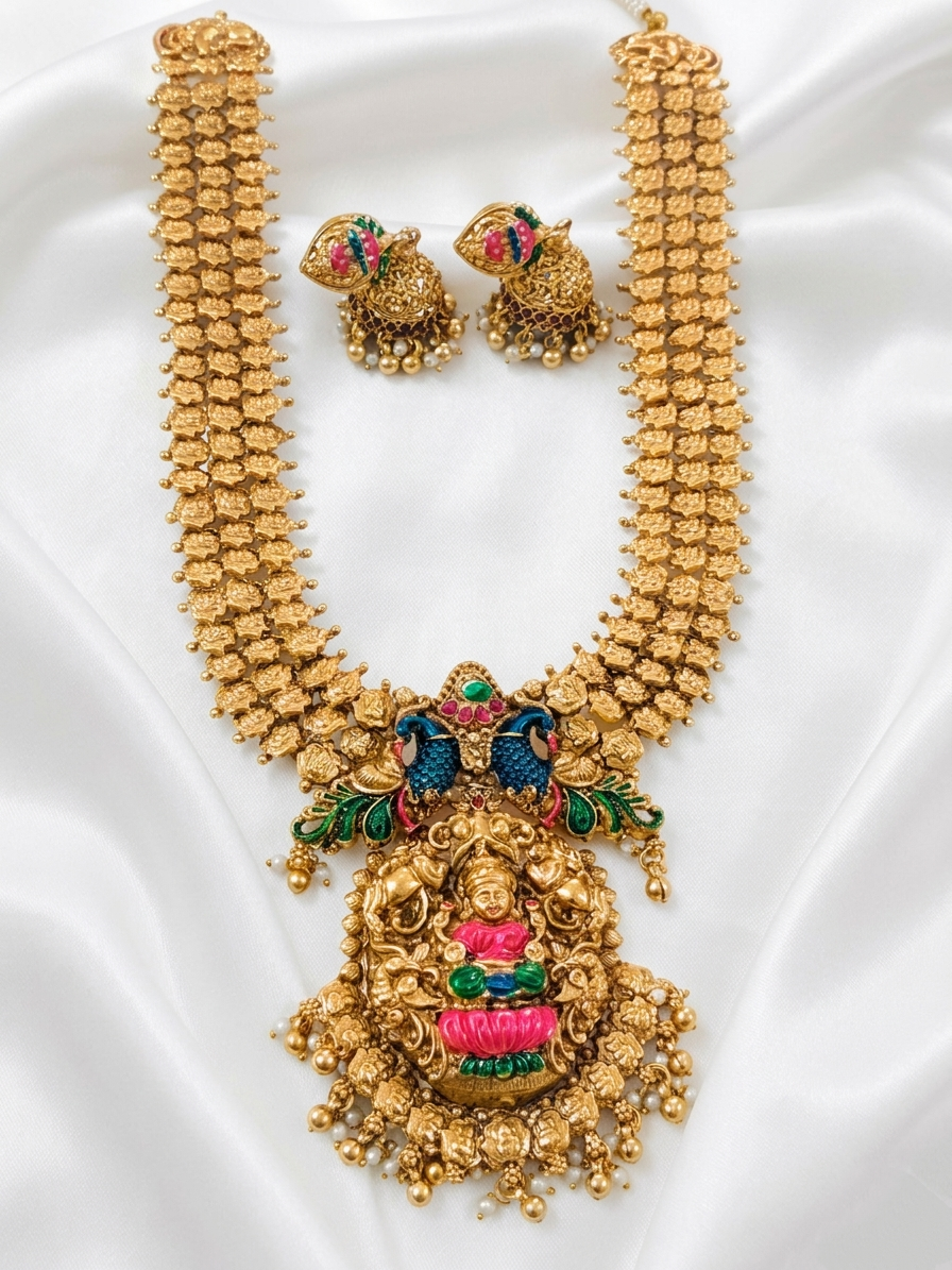Enamel Mayoora Lakshmi Long Necklace Set V2