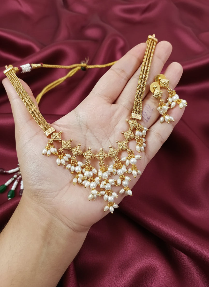 Matte Finish Rice Pearl Drop Necklace Set