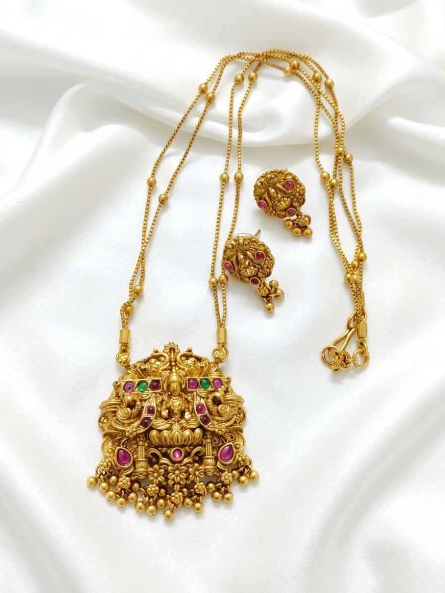Lakshmi Pendant Mid Long Necklace Set V23