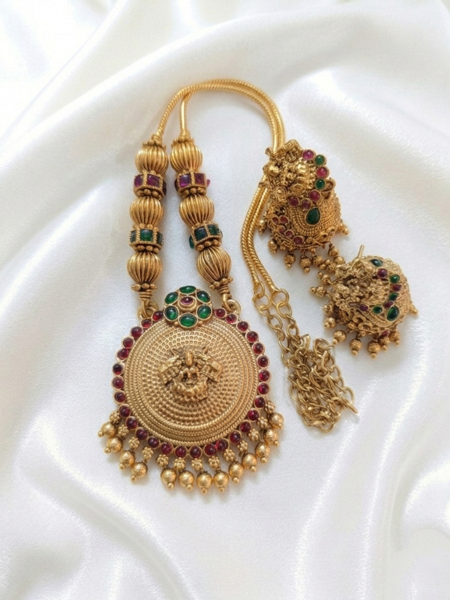 Lakshmi Pendant Mid Long Necklace Set V22