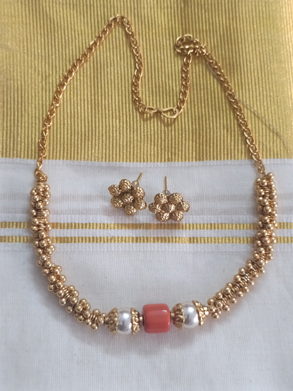 Coral Gold Bead Choker Set