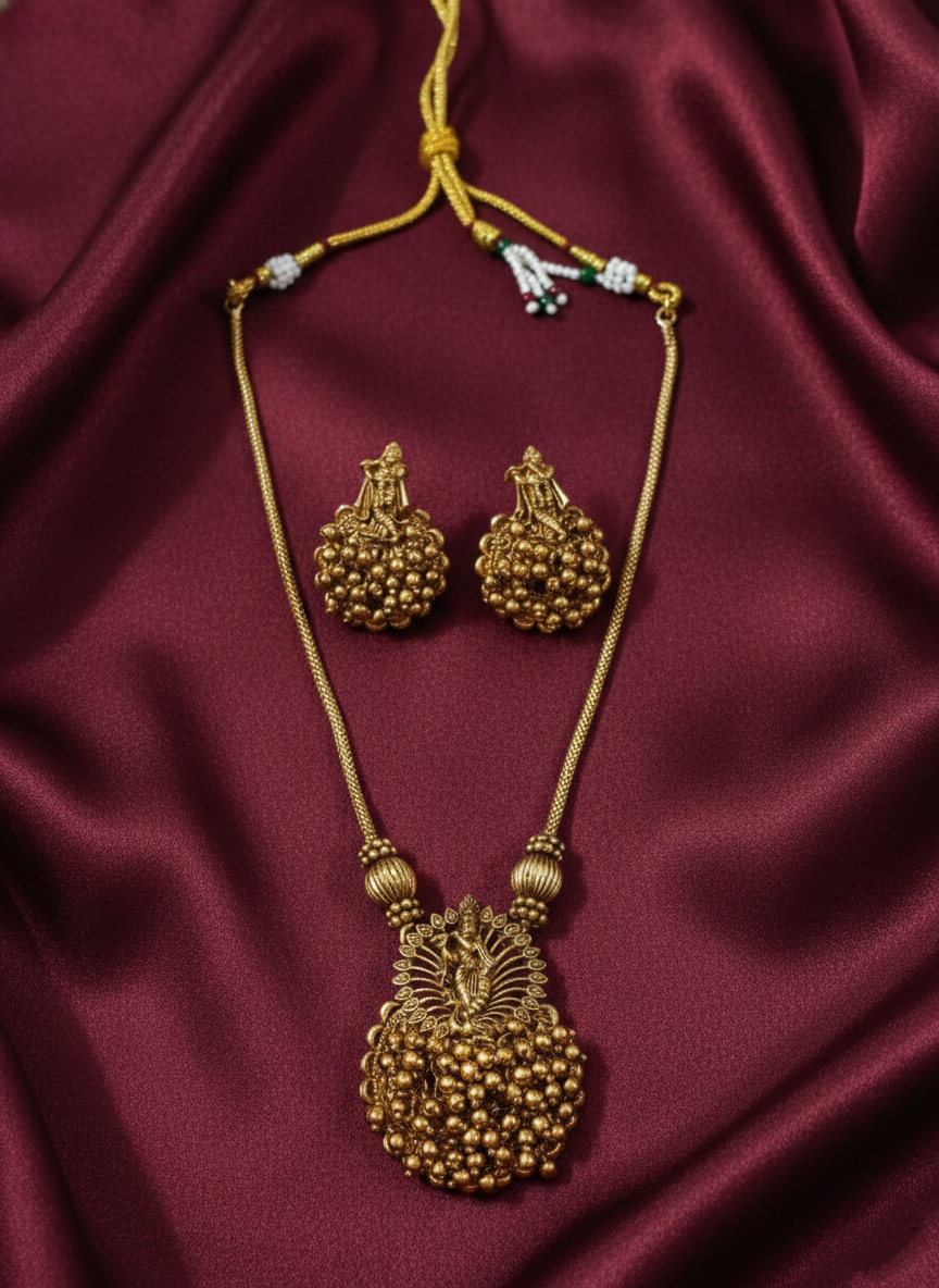 Krishna Beaded Pendant Mid Long Necklace Set