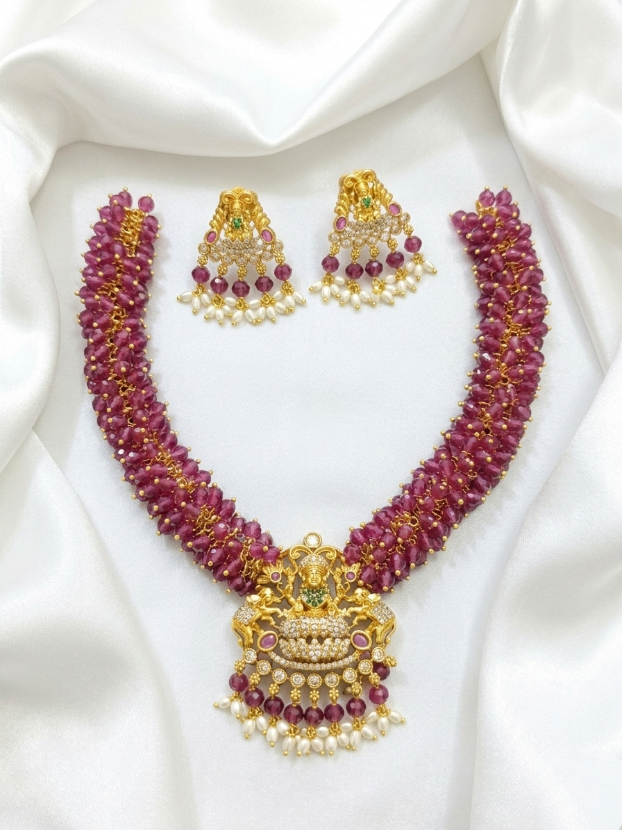 Beaded Lakshmi Pendant Necklace Set V2
