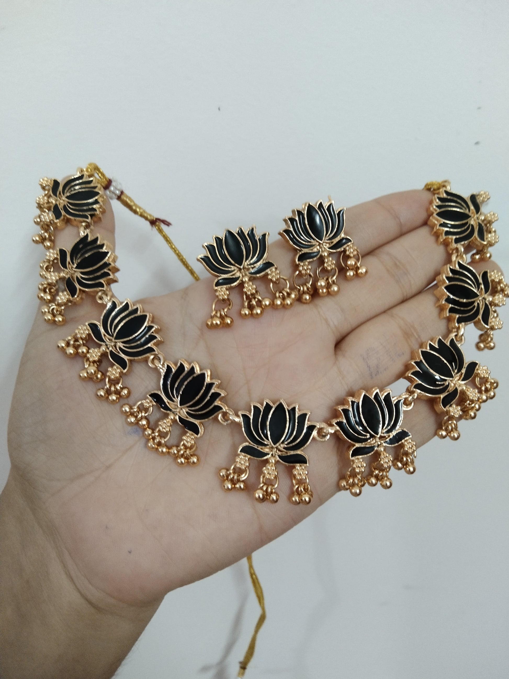 Lotus with Golden Beads Drop Necklace
