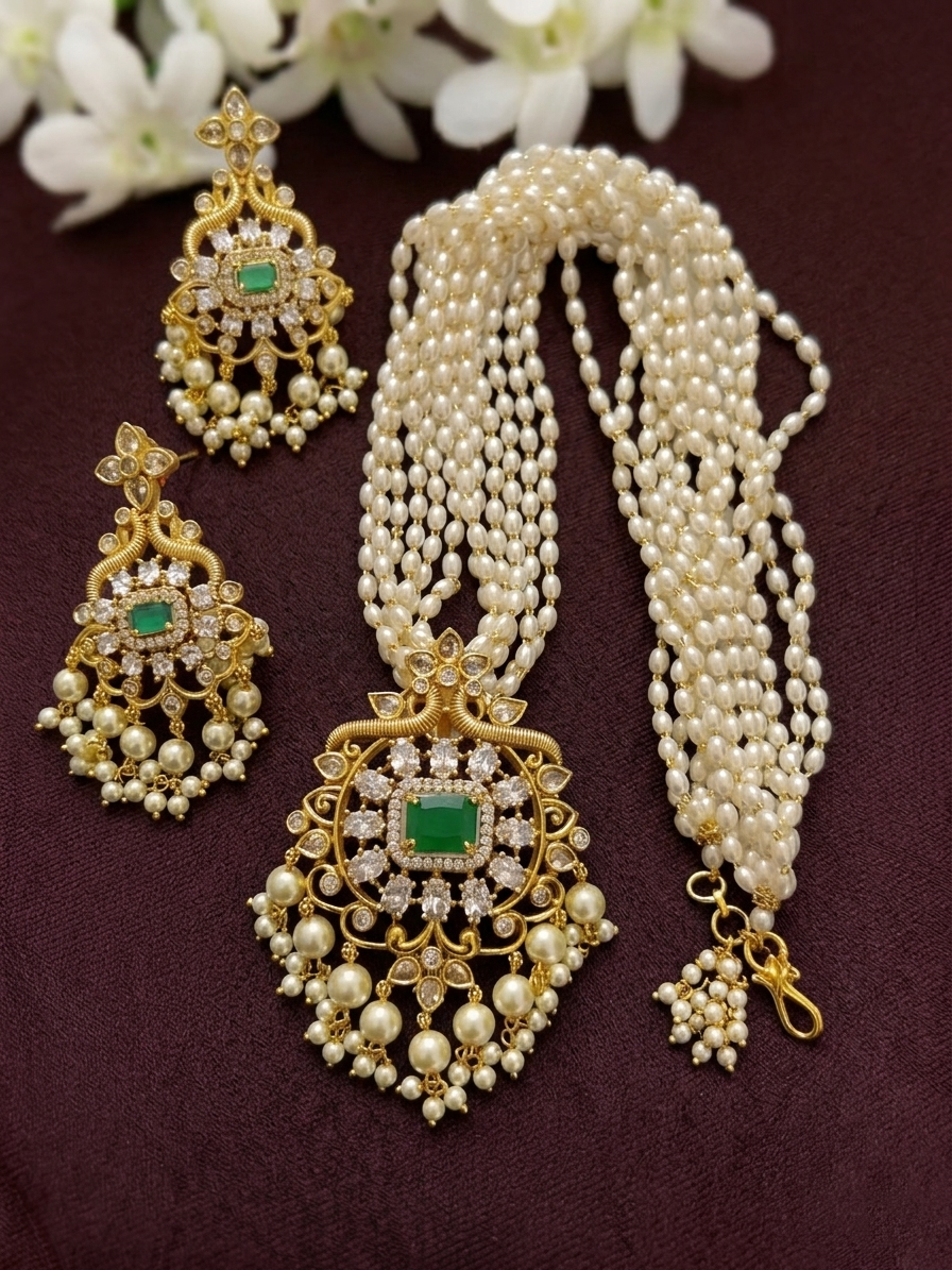 Multi Layer Pearl AD Pendant Long Necklace Set V2