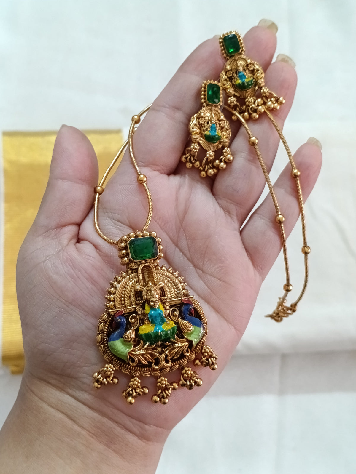 Enamel Lakshmi Pendant AD Stone Mid Long Necklace Set V2