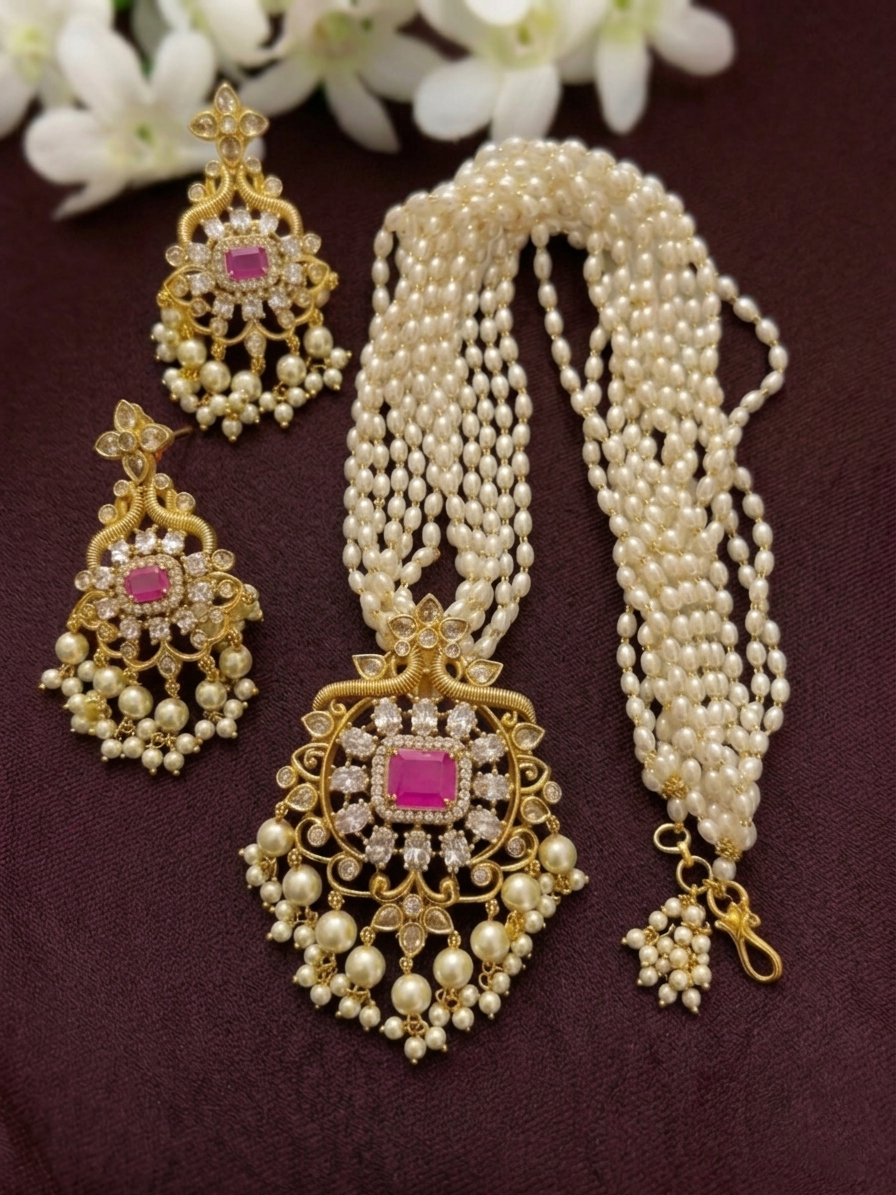 Multi Layer Pearl AD Pendant Long Necklace Set V2