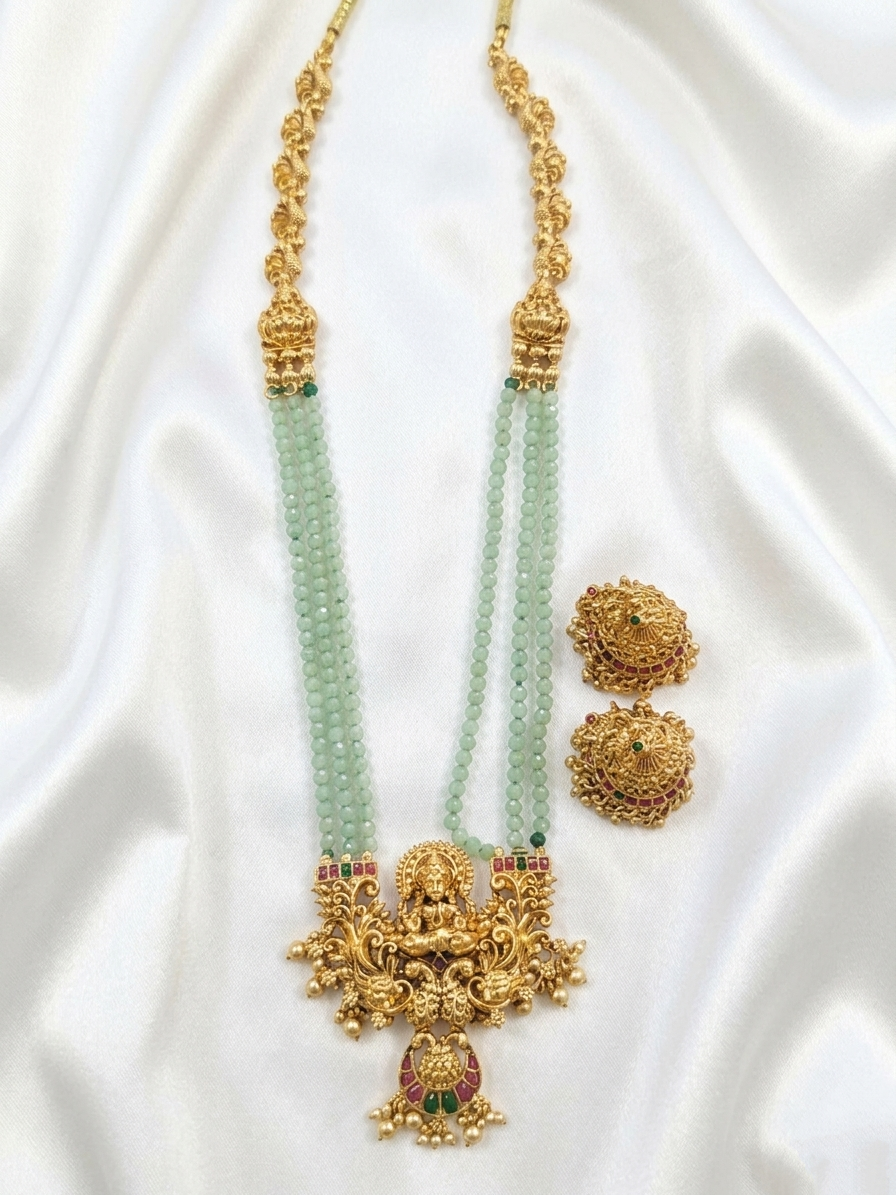 Lakshmi Pendant Bead Long Necklace Set V1