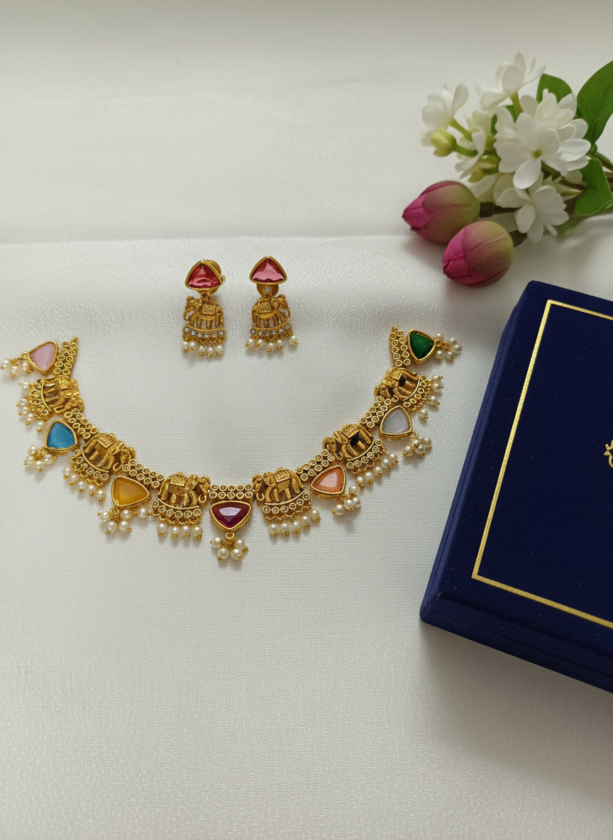 AD Elephant Pearl Drop Necklace Set