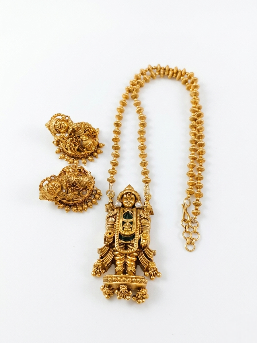 Tirupati Balaji Pendant Ball Mid Long Necklace Set