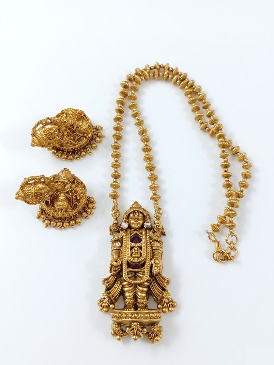 Tirupati Balaji Pendant Ball Mid Long Necklace Set
