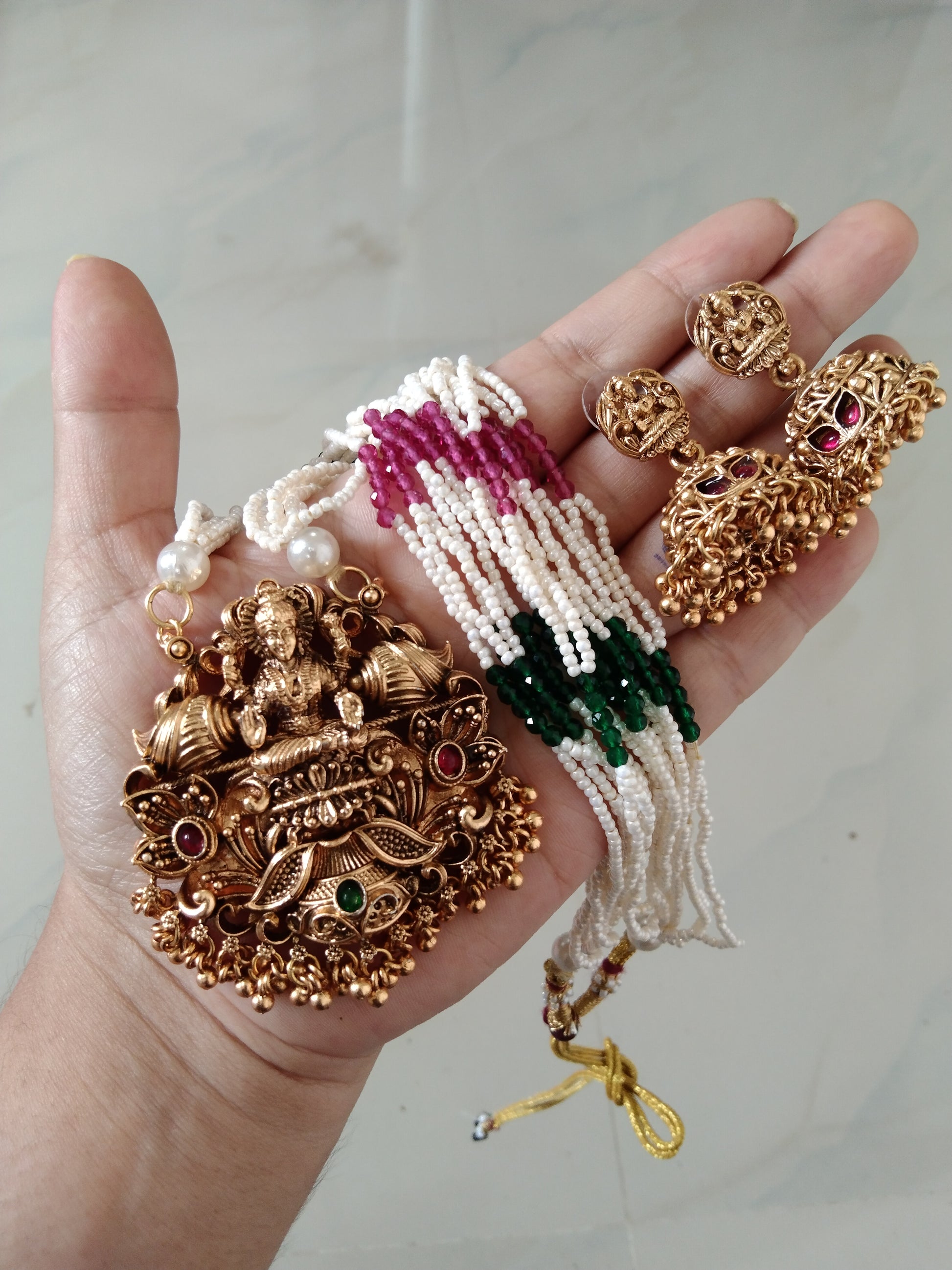 Lakshmi Pendant Pearl Long Necklace Set V1