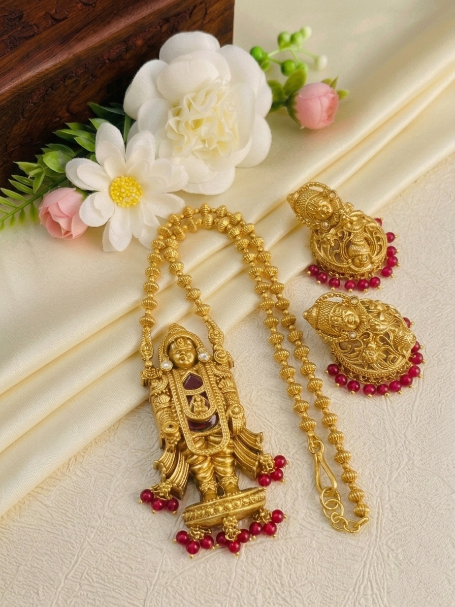 Tirupati Balaji Pendant Ball Mid Long Necklace Set 2.0