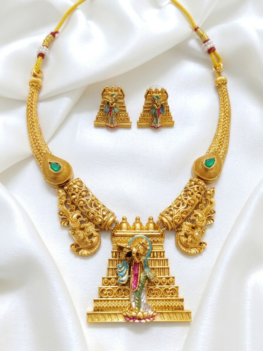 Matte Finish Temple Krishna Enamel Hasli Necklace Set
