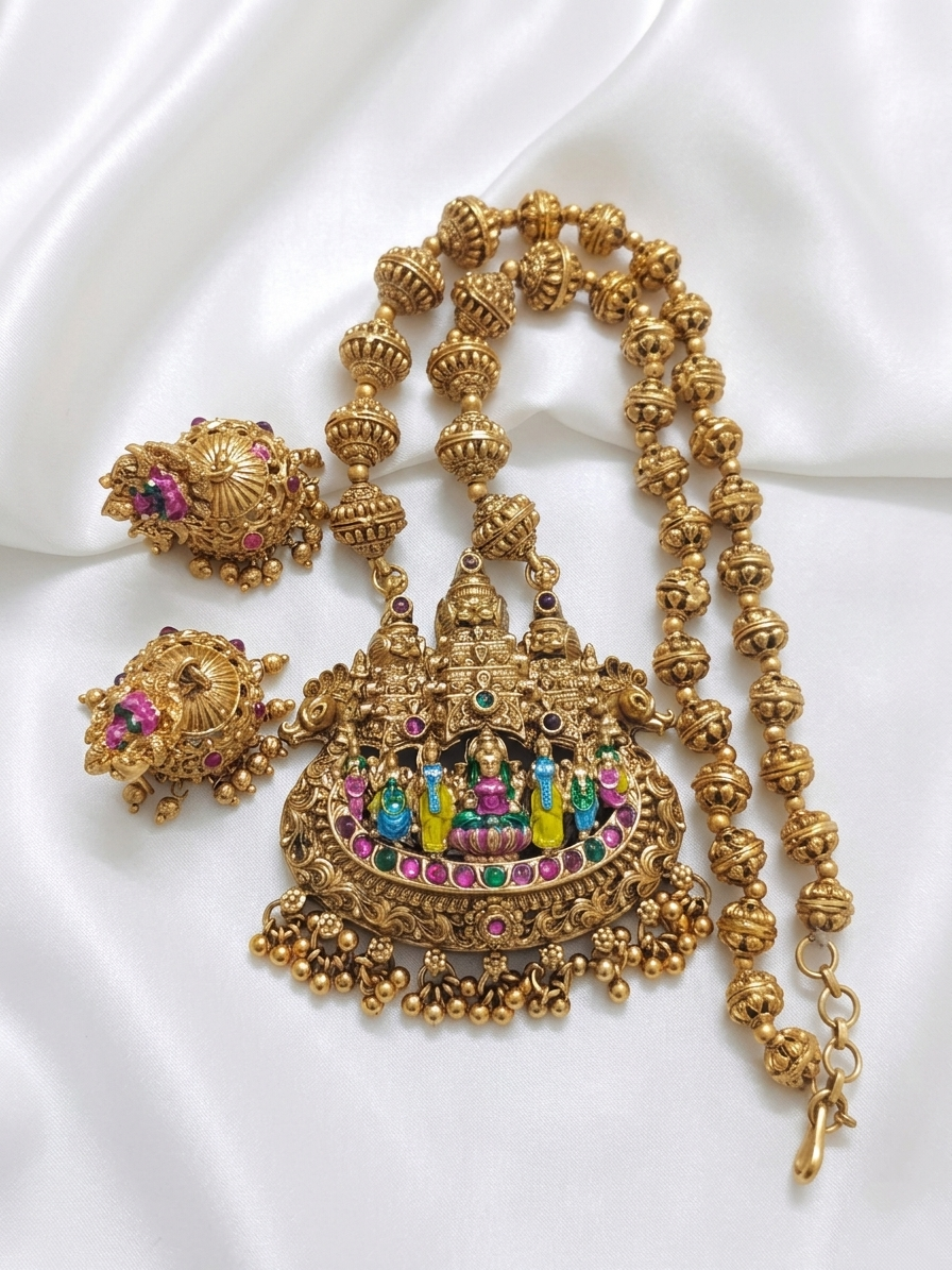 Enamel Meenakshi Temple Mid Long Necklace Set