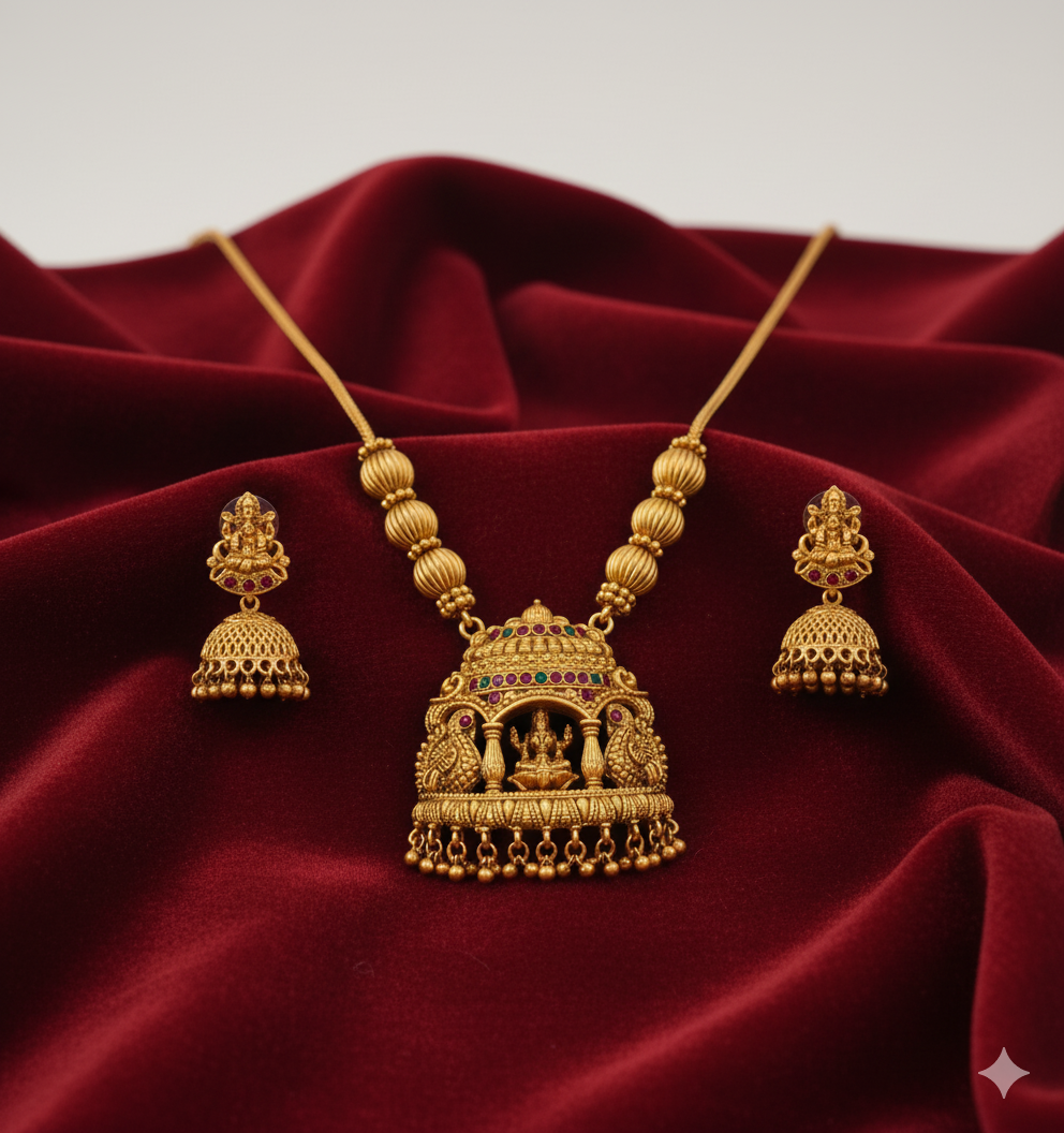 3D Lakshmi Pendant Long Necklace Set