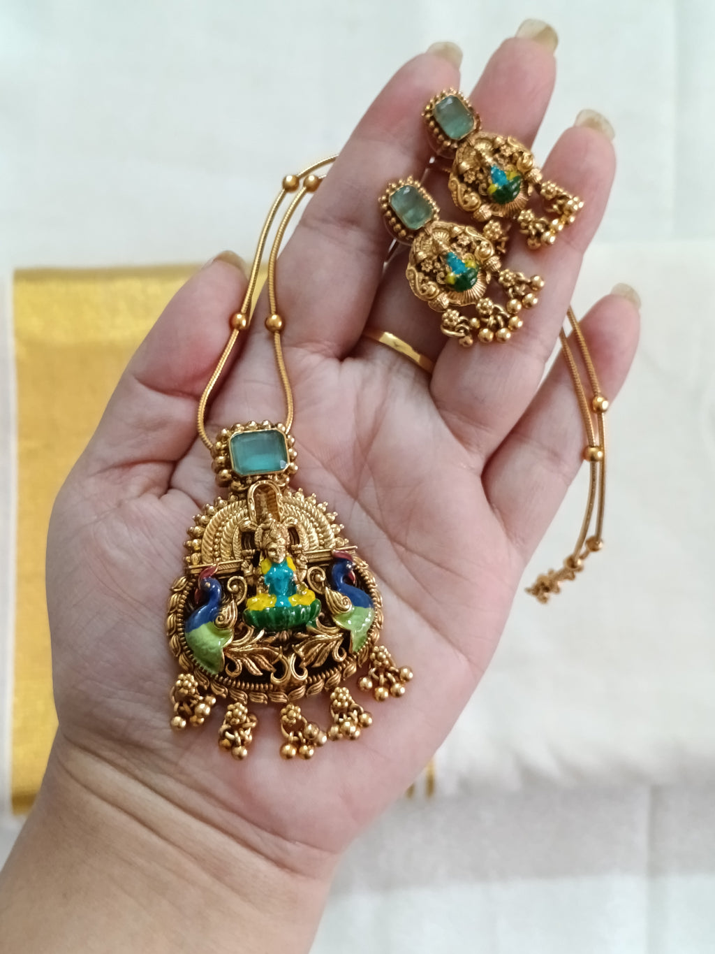 Enamel Lakshmi Pendant AD Stone Mid Long Necklace Set V2