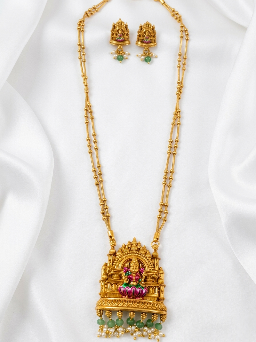 Enamel Lakshmi Pendant Mid Long Necklace Set V9