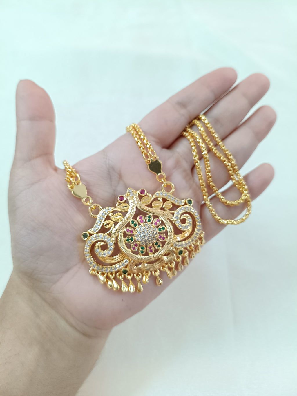 Micro Polish Peacock AD Stone Long Necklace Set V2