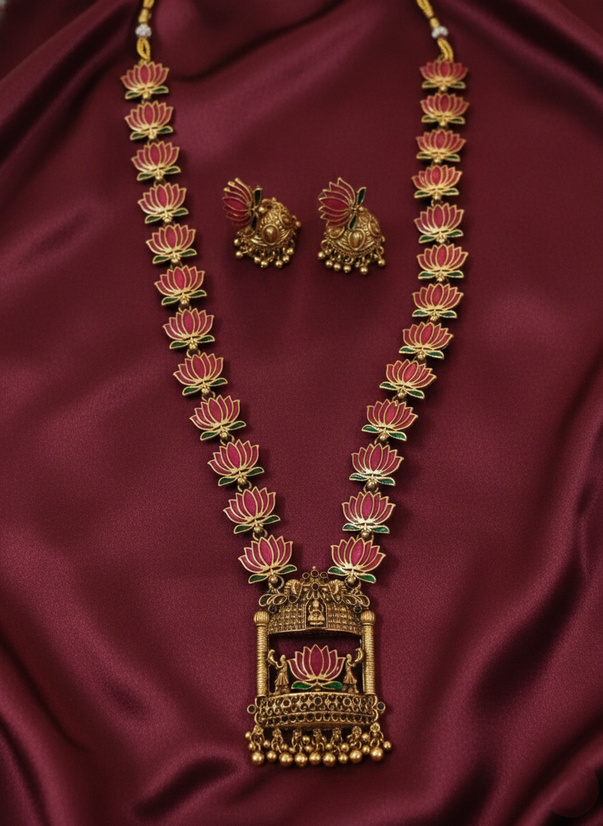 Matte Finish Lotus Long Necklace Set