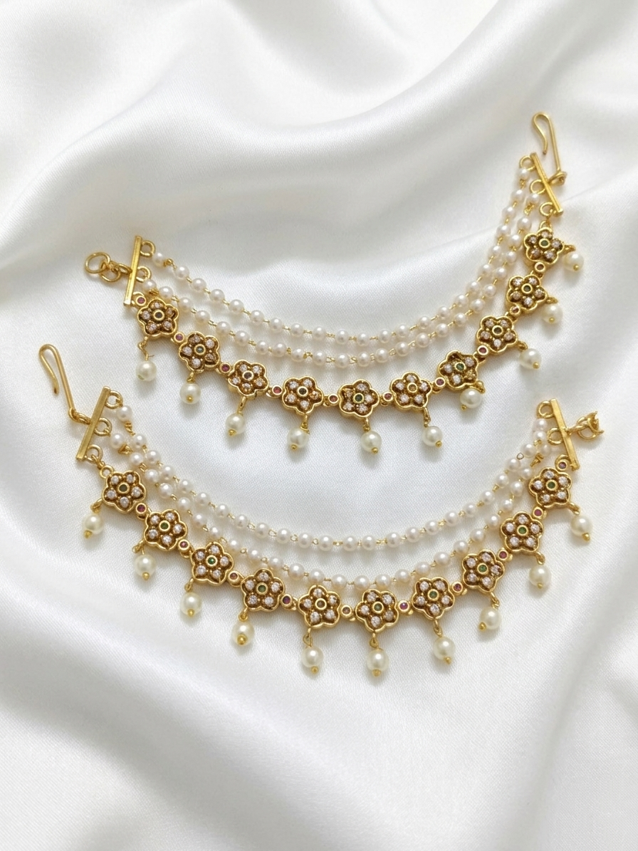 Matte Finish Floral Pearl Layer Ear Chain