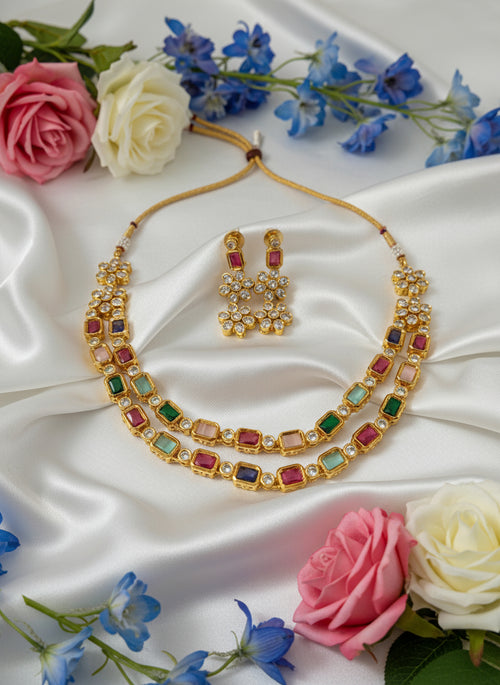 2 Layer AD Navaratna Flower Necklace Set
