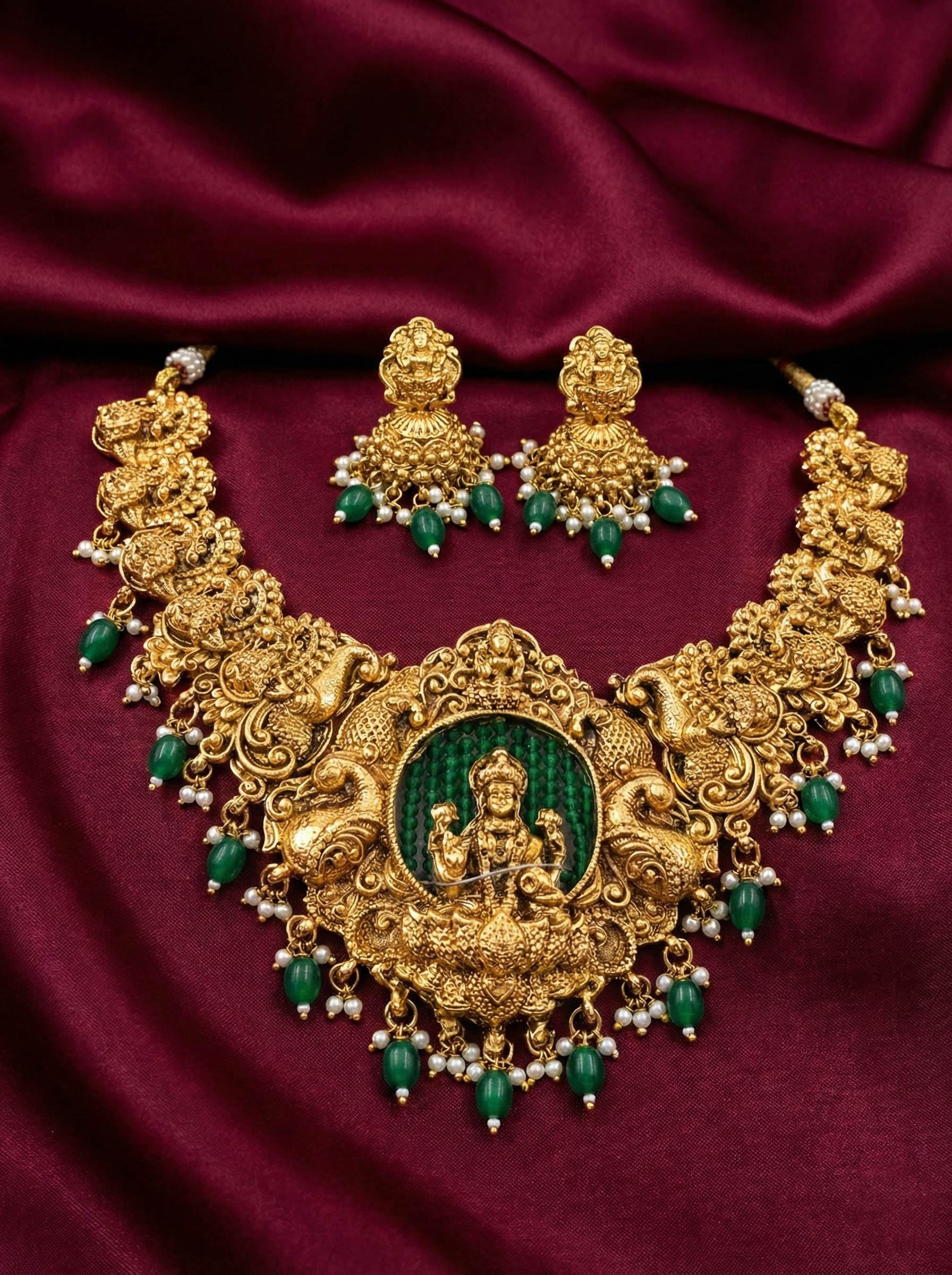 Green Bead Swarna Lakshmi Temple Necklace Set