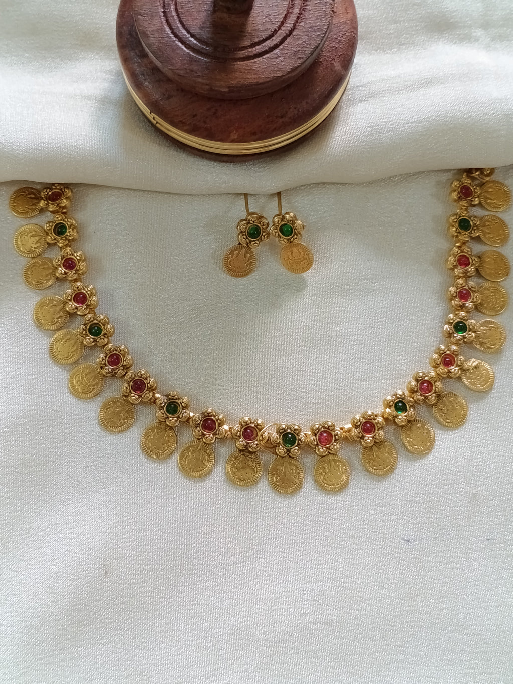 Matte Finish Flower Coin Lakshmi Necklace Set