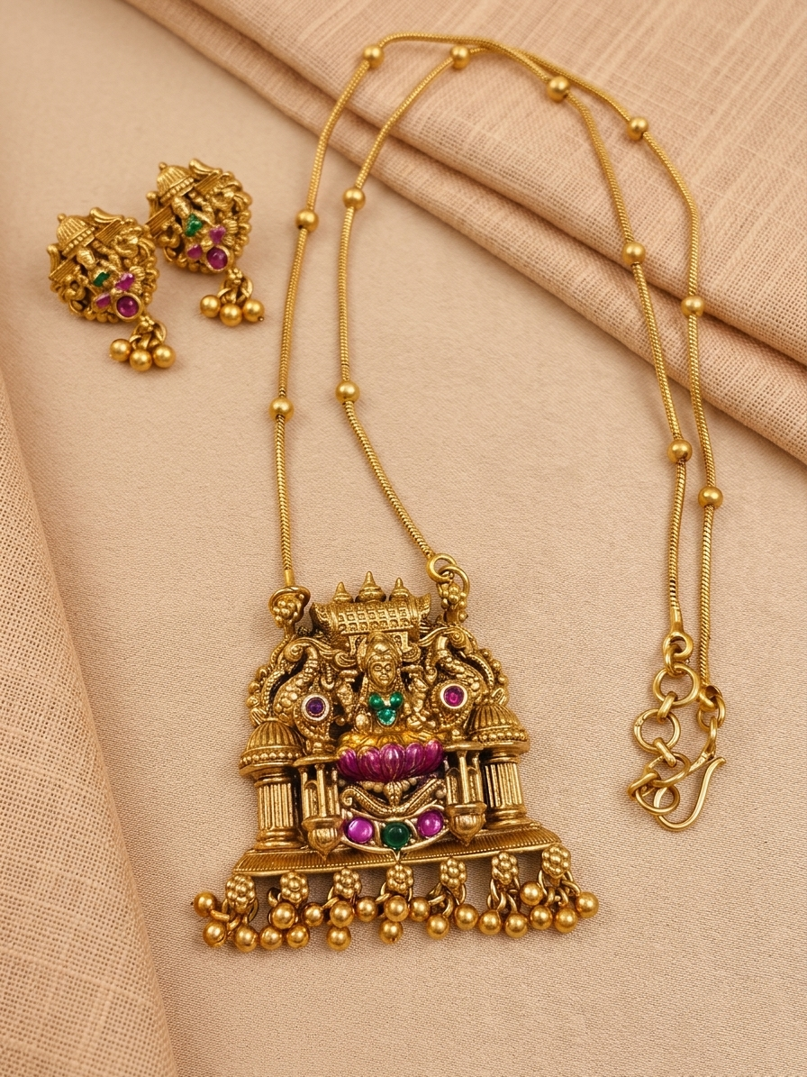 Enamel Lakshmi Pendant Mid Long Necklace Set V23