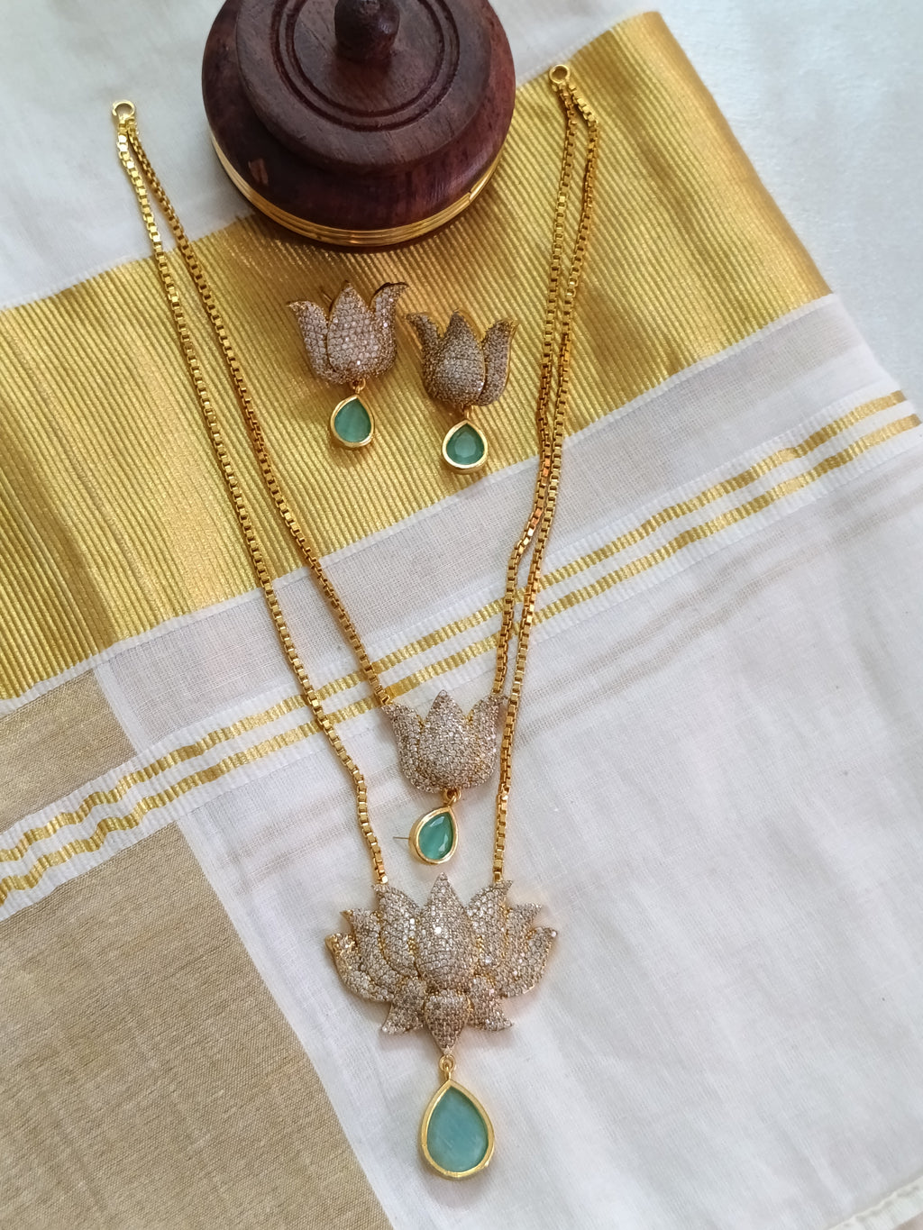 AD Lotus 2 Layer Mid Long Necklace Set