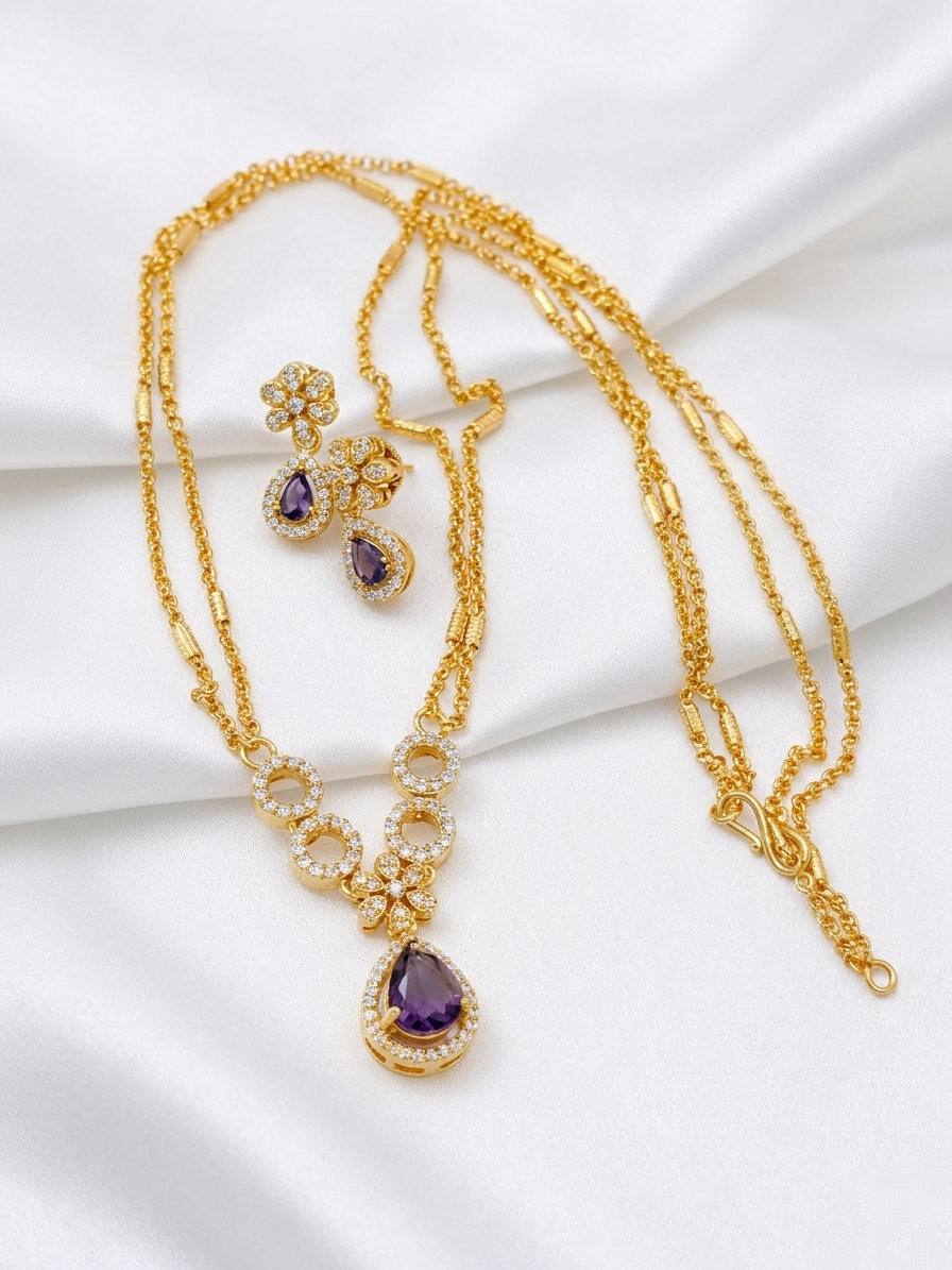 Non AD Pendant Mid Long Necklace Set