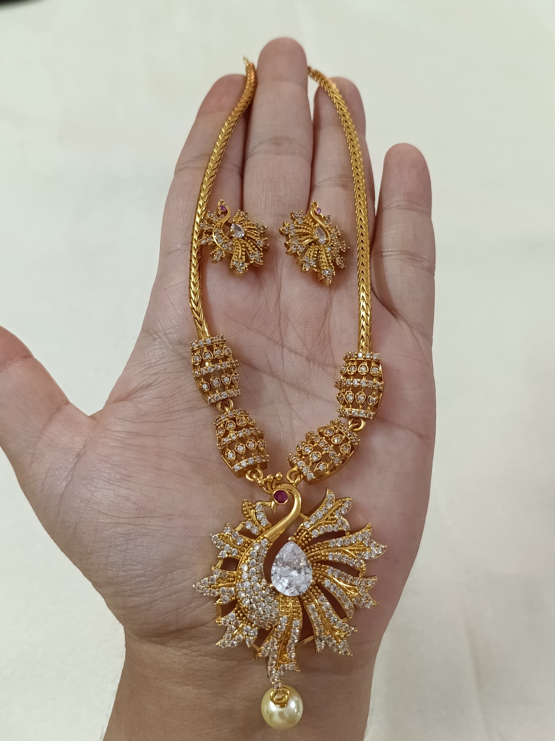 Big Size AD Peacock Pendant Necklace Set