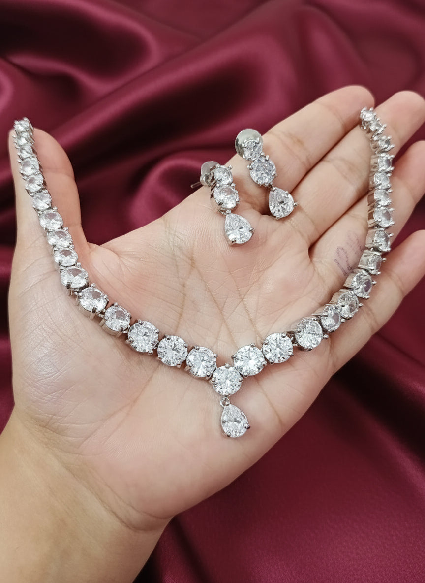 Rhodium Polish AD Stone Necklace Set V2