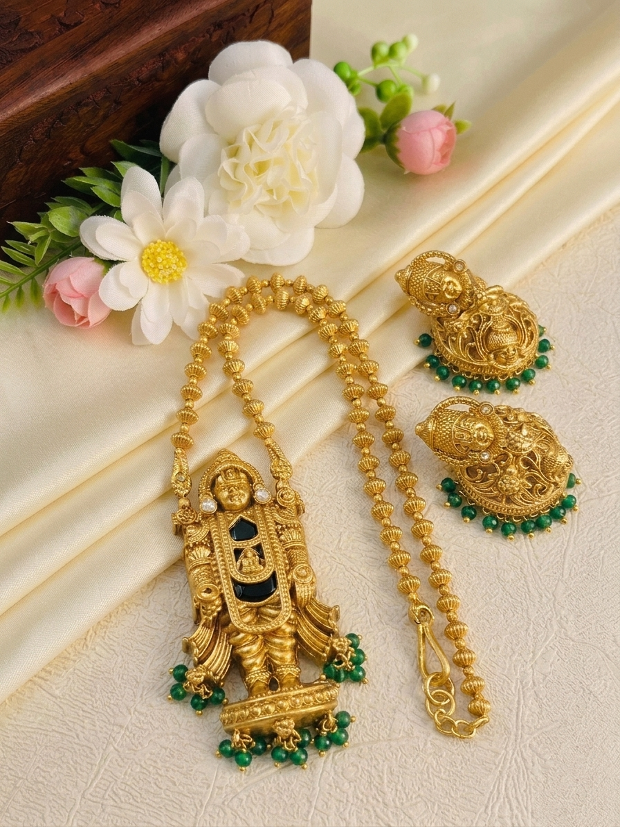 Tirupati Balaji Pendant Ball Mid Long Necklace Set 2.0