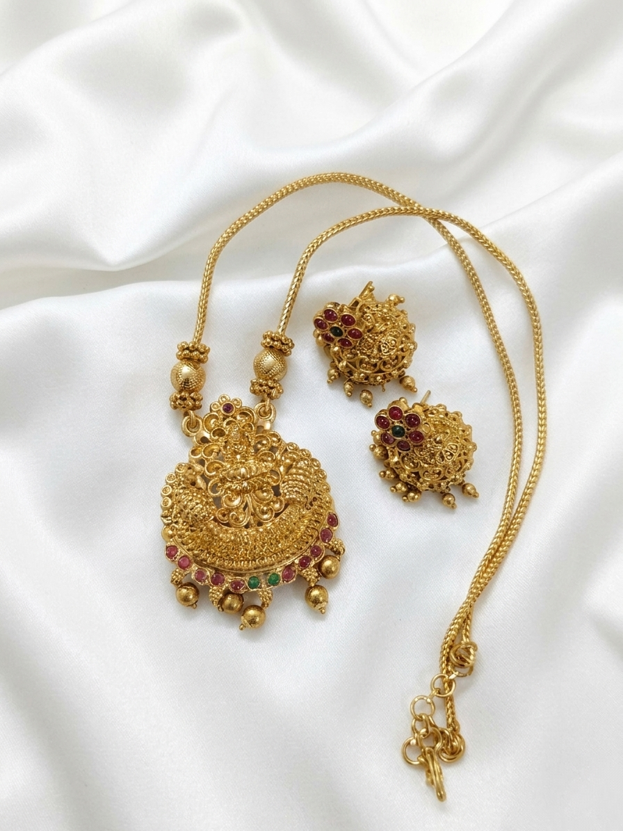 Lakshmi Pendant Mid Long Necklace Set V28