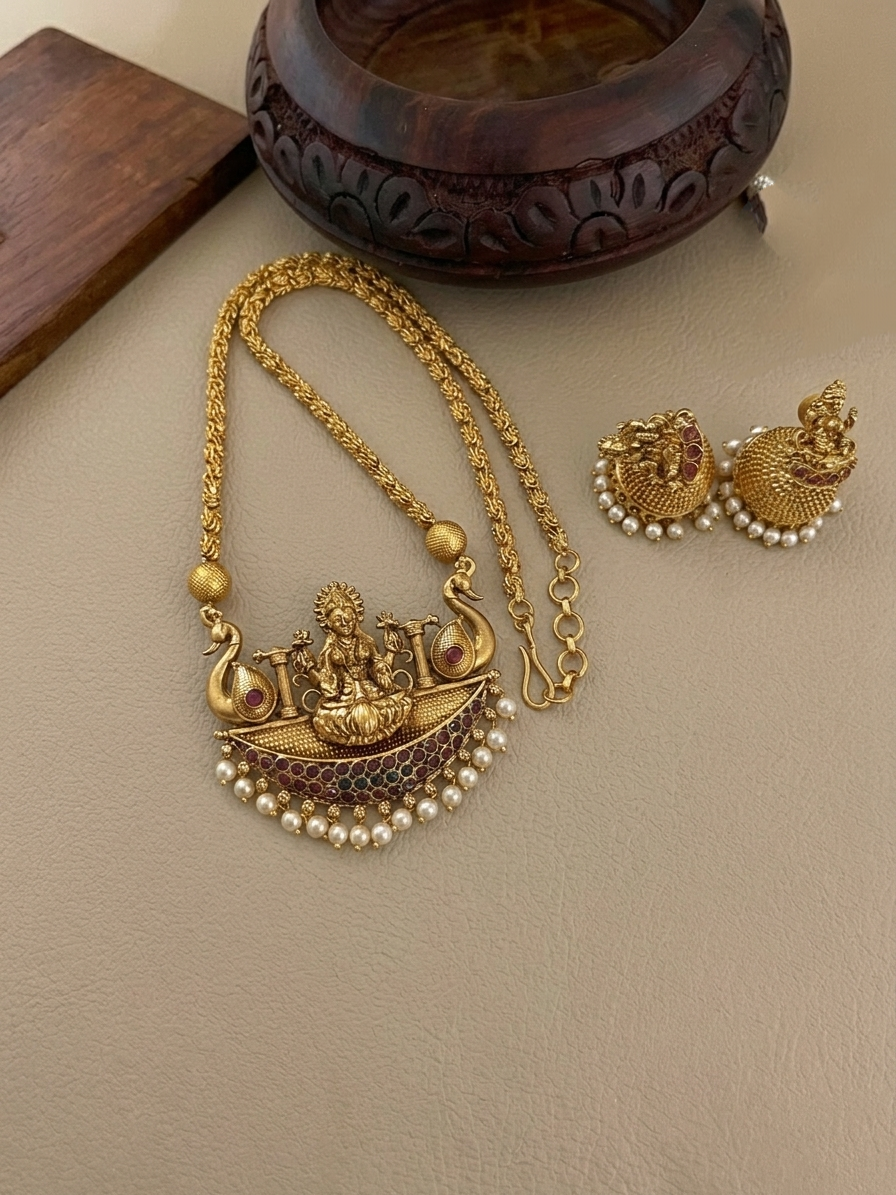 Lakshmi Pendant Mid Long Necklace Set V144